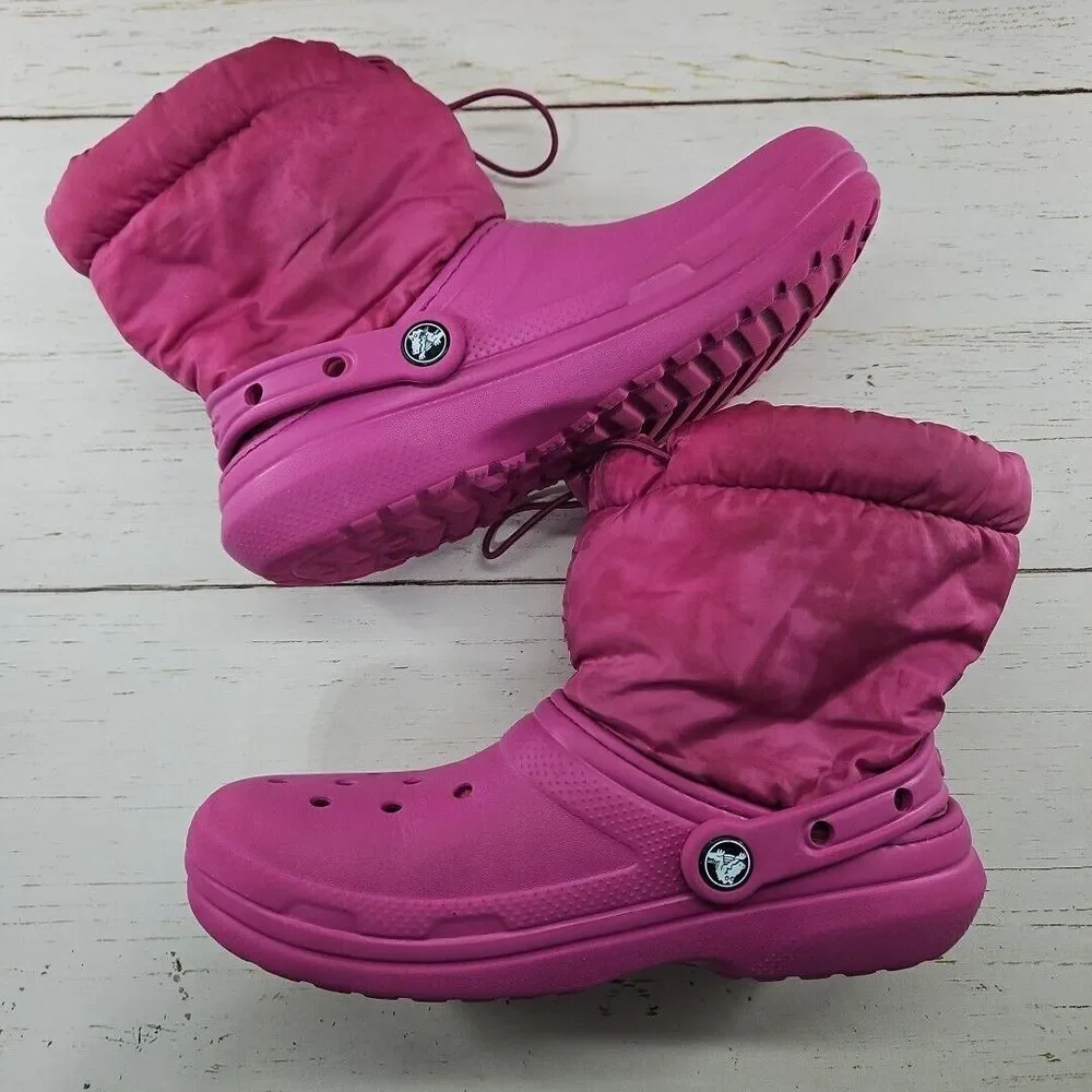Crocs Neo Puff Boots Pink Youth Size J5 Classic Faux Fur‎ Fleece Lined 207940